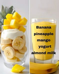 bananas, pineapple mango yogurt and almond milk in glass with banana slices