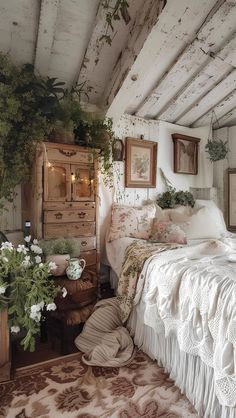 a bed sitting under a wooden ceiling next to a dresser and potted greenery