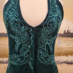 Classic And Timeless Dressy Velvet Waistcoat Vest With An Array Of Rice Beading To The Entire Front, Perfect For Formal Or Casual Wear. Fully Lined, Button Down, Adjustable Neck Strap To Provide The Best Fitting For You. Available In Small, Medium And Large. In Burgundy And Green. Velvet Waistcoat, Green Velvet Top, Vintage Halter Top, Style Evolution, Green Vest, Feminine Outfits, Velvet Top, Wardrobe Outfits, Current Styles