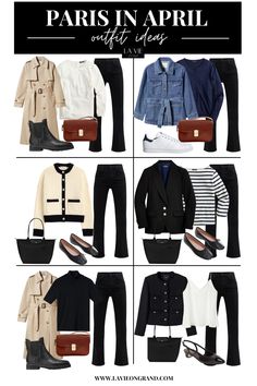 6 outfits to pack for paris in april featuring black denim. What To Pack For Paris In April, Paris In April Outfit, Europe In April Outfits, Paris April Outfit, London In April Outfits, Carry On Capsule Wardrobe, Spring In Paris Outfits, Paris Spring Outfit, April Outfits