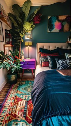 a bed room with a neatly made bed and plants