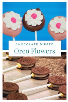 chocolate dipped oreo flowers on sticks with text overlay