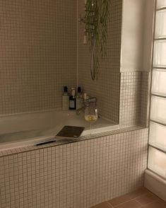 a bath tub sitting under a window next to a plant in a vase on top of it