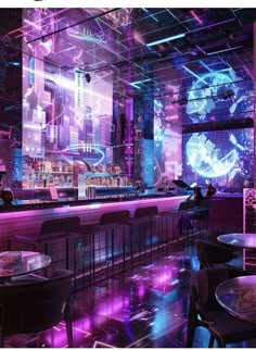 an image of a bar with neon lights in the ceiling and tables on the floor