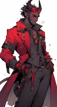 a drawing of a man with horns on his head wearing a red coat and black pants