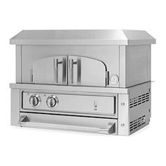 a stainless steel stove top oven with two burners and one door on the side