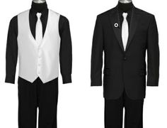 two black and white tuxedo suits on mannequins