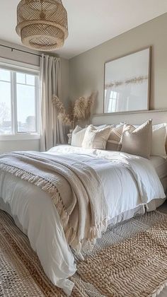 a bedroom with a bed, rugs and pictures hanging on the wall above it