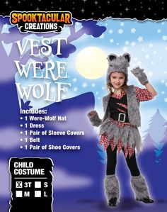 Includes 1 wolfie hat, 1 dress, 1 pair of sleeve covers, 1 belt, and1 pair of shoe covers. The pullover tunic has uneven torn sleeves, its faux fur vest has an attached hood on it, and the wrist cuffs of the set have thumb holes and faux fur for a perfect werewolf vibe. Child werewolf costume for girls. Durable and made with care. 100% polyester. Safety test approved. Item Number: 20574 Girl Werewolf Costume, Werewolf Costume Kids, Torn Sleeves, Werewolf Costume, Party City Costumes, Wolf Hat, Costume For Girls, Onesie Costumes, Inflatable Costumes