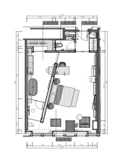 the floor plan for an office with two desks and one kitchen area, as well as