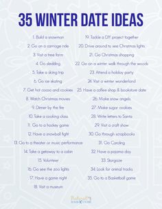 the 25 winter date ideas list is shown in blue and white with snowflakes