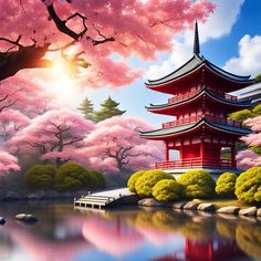 a painting of a pagoda and trees with pink flowers on the water in front of it