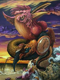 a painting of a rooster with a clock in its beak on the beach at sunset