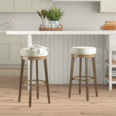 two stools sitting in front of a kitchen island