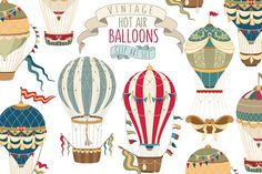 hot air balloons clipart set with ribbons and banners in various colors, including blue, red