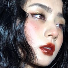 Red Lipstick Makeup Looks Asian, Halloween Chinese Makeup, Red Lips Korean Makeup, Makeup Ideas For Red Dresses, Chinese Red Lip Makeup, 70s Makeup Asian, Cute Japanese Makeup Look, Dark Lip Makeup Look Pale Skin, Asian Dark Feminine Makeup