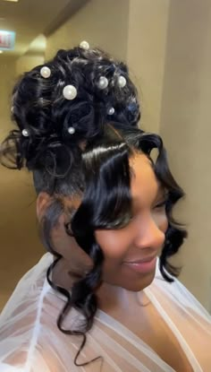 Prom Updos With Hair Piece, Pearl Hairstyles Updo, Pagent Hairstyles For Black Women, Diamonds In Hair Black Women, Prom Hairstyles With Accessories, Pearl Hairstyles Black Women, Prom Updo Black Women, Hair With Jewels, Wedding Updo Black Women