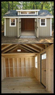 two pictures showing the inside and outside of a small shed with wood flooring, windows, and doors