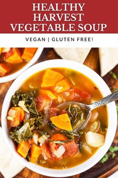 a bowl of healthy vegetable soup with a spoon in it and the title overlay reads, vegan i gluten free