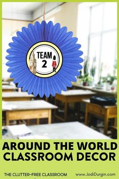 a classroom with tables and desks is featured in the ad for team 2 around the world classroom decor