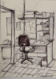 a drawing of a desk and chair in a room