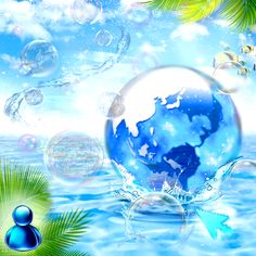 an image of soap bubbles floating in the air over water with palm trees and blue sky