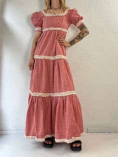 "- Vintage 80s hand made dress - Feels like cotton - Zipper up the back - Lace details - XXS Bust: 15.5\" Wait: 12.5\" Length: 54\"" Cotton Prairie Dress With Puff Sleeves And Ruffles, Fitted Cotton Prairie Dress For Daywear, Fitted Cotton Vintage Dress For Daywear, Retro Puff Sleeve Vintage Summer Dress, Summer Retro Vintage Dress With Puff Sleeves, Retro Summer Vintage Dress With Puff Sleeves, Vintage Cotton Dress With Lace Trim, Retro Vintage Dress With Puff Sleeves For Summer, Fitted Cotton Dress With Puff Sleeves