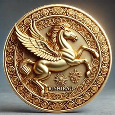 a gold coin with an image of a horse on the front and side, which reads rishrai