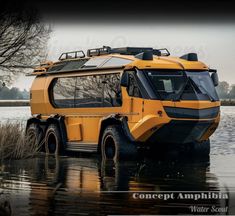 a yellow vehicle is parked in the water