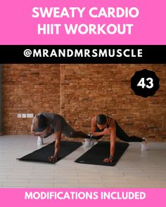 two people doing yoga on mats with the words sweaty cardio hit workout @ m &