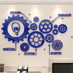 a wall mounted with gears and words on it