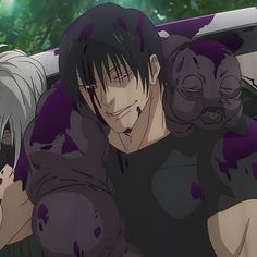 an anime character with black hair and blood on his face, sitting in front of trees