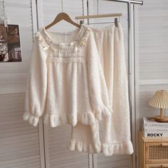 Korean Lace Long Pajama Set For Women Apricot One Size Winter Sleepwear Sets In Relaxed Fit, Cozy Winter Home Sets, Soft Cotton Sleepwear For Pajama Party, White Winter Loungewear Sets, White Loungewear Sets For Winter, Cream Cozy Loungewear Sets, Cozy Cream Loungewear Sets, Cream Winter Sleepwear For Loungewear, White Comfy Cozy Fit Sleepwear