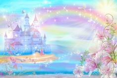 an image of a castle with flowers in the foreground and a rainbow sky behind it