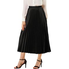 Accordion pleats enhance the dimension and movement of this midi skirt, while the metallic design underscores its sleek style. It's pleated all around for this trending midi skirt. Feel free to pair it with black block-heel sandals. Whether you're dressing up or down, this skirt is perfect for any occasion. A casual and simple style, never out of fashion, is a must-have item in your wardrobe. This fashionable and trendy clothes for women can not only be worn daily, but can also be easily matched Black Block Heel Sandals, Metallic Pleated Skirt, Skirt Tulle, Midi Skirt Black, Metallic Skirt, Party Skirt, Black Midi Skirt, Womens Tie, Beautiful Skirts