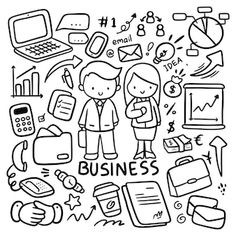 hand drawn doodle style business icons and symbols in black and white stock photo - 1387892