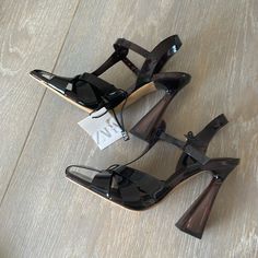 Heels-4.25” Spring Patent Leather Heels With Wooden Heel, Spring Party Heels With Wooden Heel, Zara Patent Leather High Heels, Zara Closed Toe Heels With 4-inch Heel, Zara Closed Toe 4-inch Heels, Brown Patent Leather Heels For Evening, Brown Heels With Wooden Heel For Evening, Evening Heels With Wooden Heel And Ankle Strap, High Heels With Wooden Heel For Party