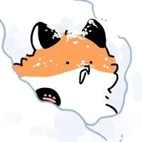 a drawing of a dog with an orange nose and black ears on it's head