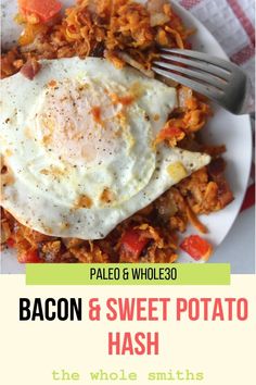 bacon and sweet potato hash browns on a white plate with a fork in the middle