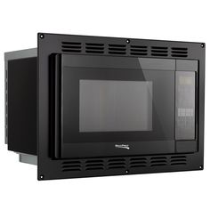 a black microwave oven with the door open