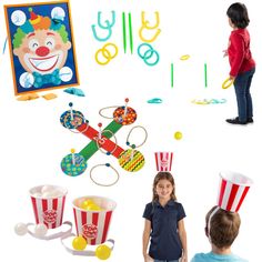 two children standing in front of an assortment of toys and items for clowns on the wall