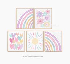 four colorful cards with hearts, flowers and a rainbow