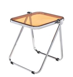 a glass and metal stool with wheels on the bottom is shown in front of a white background