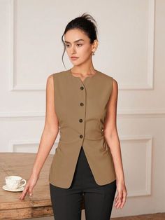 Brown Casual Collar Sleeveless Fabric Plain vest Embellished Non-Stretch  Women Clothing Brown Waistcoat Outfit Women, Waistcoat Woman Outfit Casual, Waistcoat Woman Outfit, Waist Coat Outfit Women, Waistcoat Outfit Women, Outfits Juveniles, Waistcoat Outfit, Waistcoat Woman