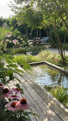 an outdoor pond surrounded by greenery and flowers