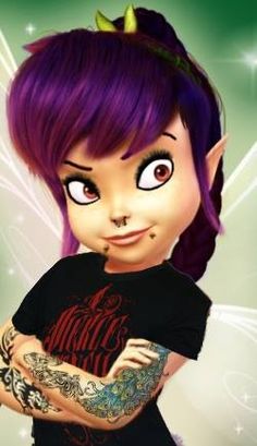 a cartoon character with purple hair and tattoos