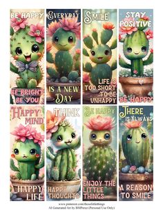 some cute little cactuses with flowers on their heads and the words smile is a new day