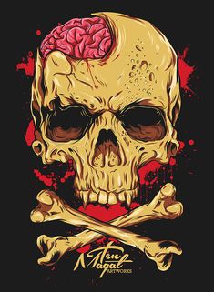 a skull and crossbones with a brain on it's forehead, in red ink