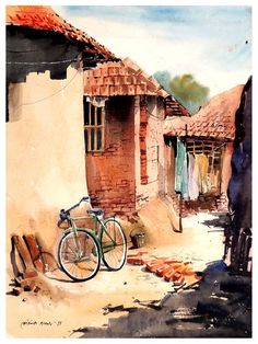 a painting of a bicycle parked in front of a house