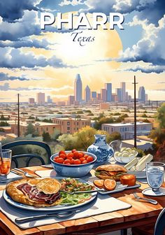 a painting of a table with food on it and the sun setting in the background